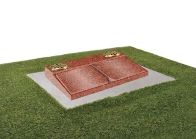 Balmoral red granite desk memorial with shaped pages, carved cord and tassel with concrete base